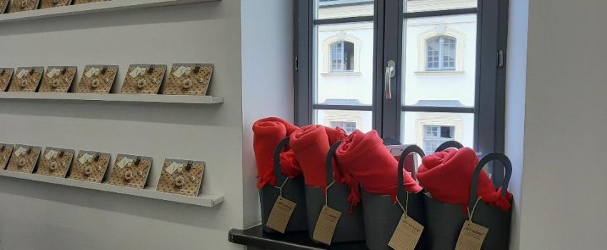 Zdjęcie poziome. W prawej połowie widać cztery szare gumowe torby z czerwonymi kocykami i zadaniami, stojące na parapecie okiennym. Za oknem zabytkowy budynek. W lewej połowie zdjęcia widać trzy wąskie półki z katalogami do wystawy.