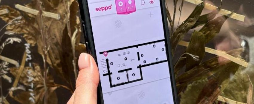 W centrum kadru lewa dłoń trzyma telefon komórkowy. Na nim wyświetla się mapka z gry edukacyjnej seppo. W tle rośliny - fragment pracy Alevtiny Kakhidze.