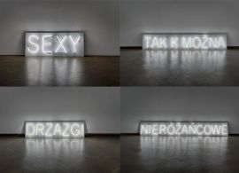 Cztery fotografie. Ułożone w dwóch rzędach po dwie. Każda z nich przedstawia neon stojący na drewnianej podłodze i oparty o białą ścianę. Neony świecą zimnym jasnym światłem. Przedstawiają napisy wielkimi literami. Są umieszczone na jasnych prostokątach.