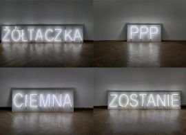 Cztery fotografie. Ułożone w dwóch rzędach po dwie. Każda z nich przedstawia neon stojący na drewnianej podłodze i oparty o białą ścianę. Neony świecą zimnym jasnym światłem. Przedstawiają napisy wielkimi literami. Są umieszczone na jasnych prostokątach.
