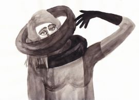 Rysunek czarnym tuszem na białym tle. Postać kobiety widzianej od pasa w górę. Lewa ręka uniesiona do głowy, na szyi i na wysokości twarzy dwa dość grube okręgi. Jeden z nich układa się jak szalik, drugi zakrywa usta i nos.