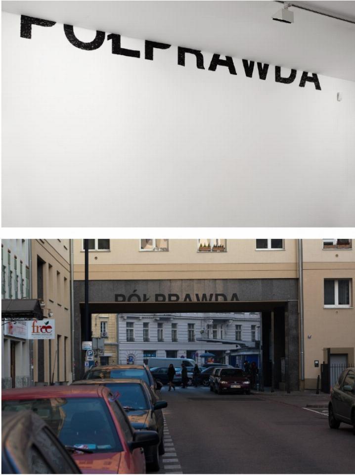 1. Zbliżenie na napis ucięty w połowie poziomo. Widoczna dolna część. 2. Widok fragmentu ulicy z blokiem z przejściem. Na górnej krawędzi przejścia znajduje się napis ucięty w połowie poziomo. Widoczna górna część.
