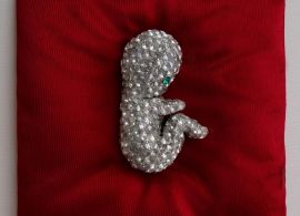 Obiekt przypominający embrion wysadzany białymi cyrkoniami. W miejscu oka jest zielona cyrkonia. Obiekt leży na poduszce z czerwonego, połyskującego materiału.