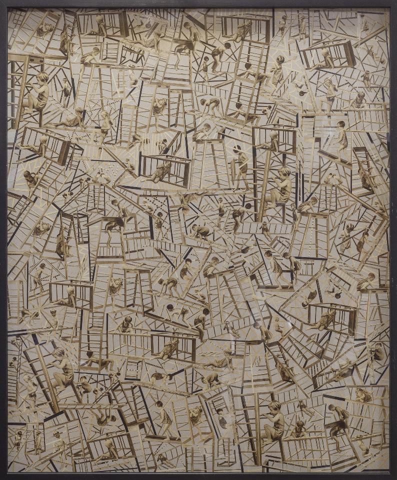 collage in beige and brown tones, children climbing ladders and furniture