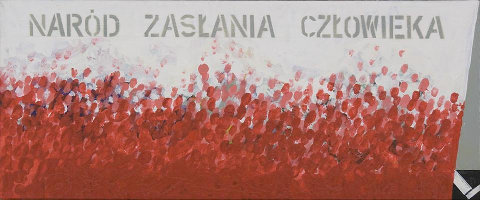 Obraz przedstawia biało-czerwoną kotarę, rozciągniętą na niemal całej jego powierzchni. Jedynie w prawym, dolnym rogu, zza kotary wyłania się biała noga. Na białej powierzchni  uwagę przykuwa jasnoszary napis NARÓD ZASŁANIA CZŁOWIEKA. Wykonany za pomocą s