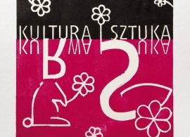 Grafka. Jedną trzecią od góry zajmuje czarny pasek. Pozostałość jest różowa. Widnieją na niej białe symbole kwiatów i tekst. Wokół grafiki biały margines.