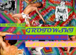 Kolorowa grafika z napisami zapowiadająca wykłady artysty Michała Łukaszuka.