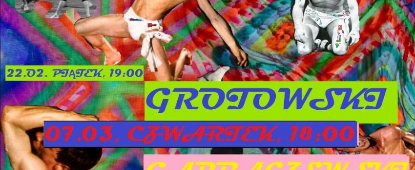 Kolorowa grafika z napisami zapowiadająca wykłady artysty Michała Łukaszuka.