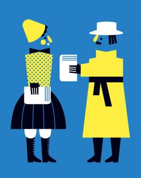 Grafika przedstawiająca kobietę i mężczyznę stojących przodem do siebie. Użyte kolory to żółty, czarny i niebieski.