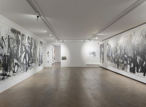 Ogólny widok wystawy w przestrzeni Galerii Arsenał. Ściany pomieszczenia białe, podłoga drewniana, światło punktowe.