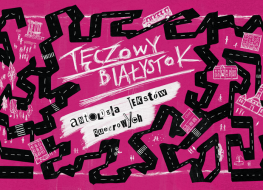grafika promująca wydarzenie, na różowym tle biały napis <Premiera książki „Tęczowy Białystok. Antologia tekstów queerowych"> w tle ilustracje z czarnymi drogami i białymi rysunkami nawiązującymi do białostockiej architektury